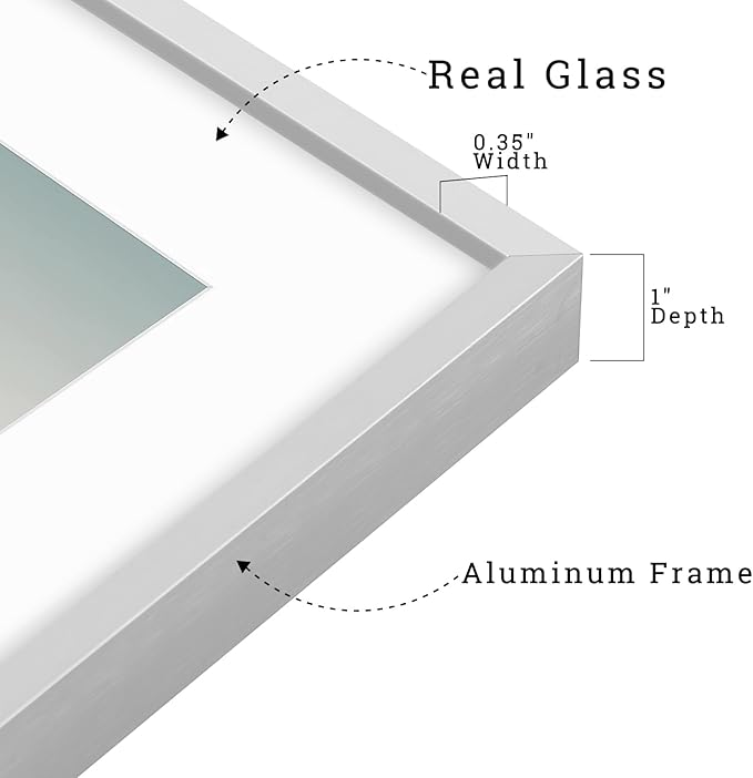 Frametory, 8x10 Metal Picture Frame with Mat for 5x7 Picture & Real Glass, Aluminum Photo Frame Collection (Silver, 2 Pack)
