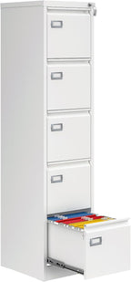 5 Drawer File Cabinet with Lock, Metal Filing Cabinets for Home Office, Vertical White Locking File Caninet, Steel Narrow Five Drawer File Cabnet for Letter/Legal / A4 / B4- Assembly Required