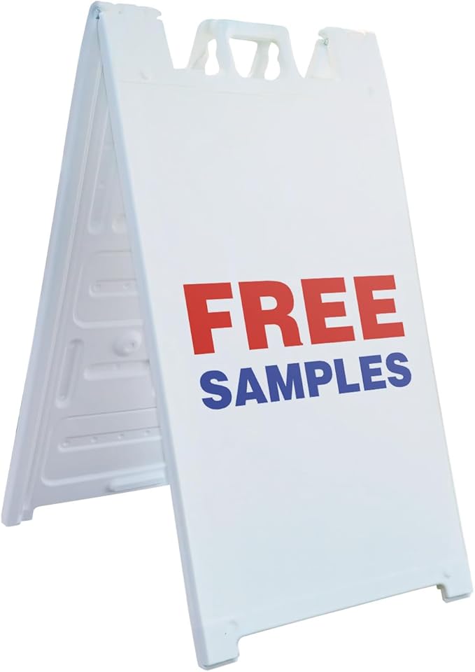 Free Samples 24" x 36" Double Sided A-Frame Sidewalk Sign Includes 2 Installed Decal Foldable Portable White Signicade Sandwich Board Retail Promotions Customer Incentives Business Signage Made in USA