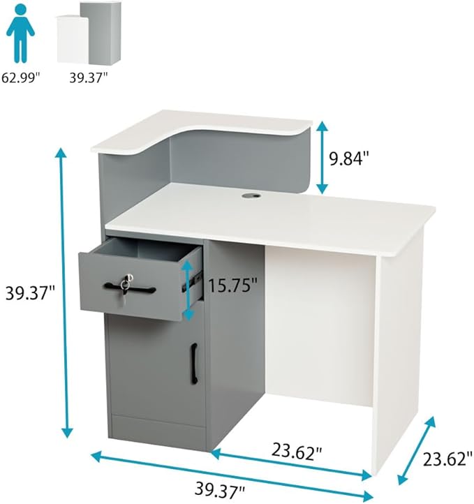 L Shaped Reception Desk with Lockable Drawer and Storage, Front Desk Reception Room Table, Checkout Retail Counter for Office Lobby Cafe Salon (White+Grey, 39.4"(L) x23.6(W) x39.4(H))