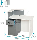 L Shaped Reception Desk with Lockable Drawer and Storage, Front Desk Reception Room Table, Checkout Retail Counter for Office Lobby Cafe Salon (White+Grey, 39.4"(L) x23.6(W) x39.4(H))