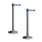 CCW Set of 2 Retractable Belt Barriers Stanchion, Polished Stainless Steel Post, RBB-100 (11 Foot Belt, Light Blue Belt)