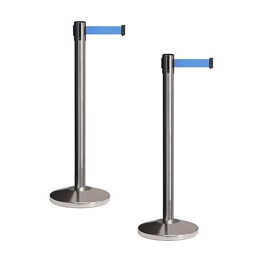 Crowd Control Warehouse CCW Set of 2 Retractable Belt Barriers Stanchion, Polished Stainless Steel Post, RBB-100 (7.5 Foot Belt, Light Blue Belt)