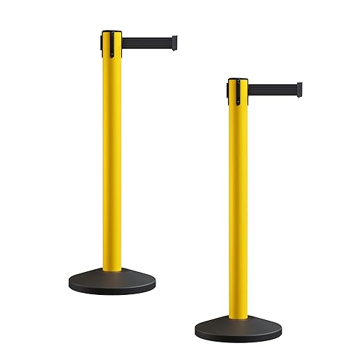Crowd Control Warehouse CCW Series RBB-150 - Set of 2 Stanchion Retractable Belt Barriers - 16 Foot, Black Belt with Yellow Post - Easy Assembly