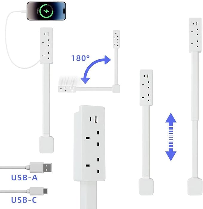 Retractable Power Strip Extension Cord, 180° Rotating Socket, Adjustable Length Surge Protector, Wall Mounted Outlet Extender with Multiple Outlets