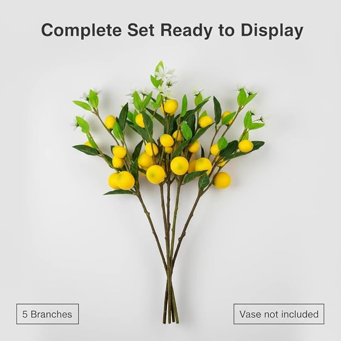 24 Inch Artificial Lemon Branches -5 Pieces Set of Realistic Fake Lemon Tree Stems and Fruits for Kitchen, Farmhouse, and Home Decoration