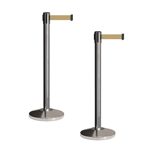 Crowd Control Warehouse CCW Set of 2 Retractable Belt Barriers Stanchion, Polished Stainless Steel Post, RBB-100 (9 Foot Belt, Light Brown Belt)