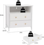 27 Inch Wide Night Stand, Large Wood Night Stand with 2 Drawers, LED Nightstand with Charging Station and Adjustable Drawer, Bedside Table for Living Room/Bedroom/Study/Office, White.