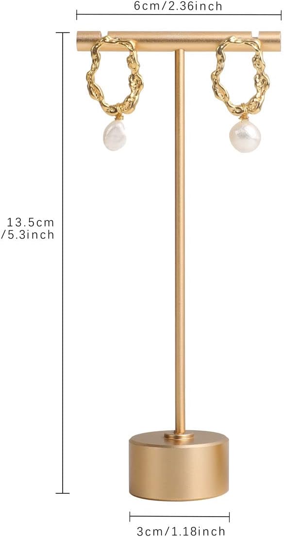 GemeShou Gold Metal Single Pair T Bar Earring Retail Display Stand for show, Tabletop Jewelry Tower Holder for Girl Women【Gold-Round Base Height 5.3"】