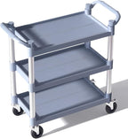 Plastic Utility Carts with Wheels, 3-Tier Medium Size Restaurant Food Cart, Heavy Duty 510lbs Capacity Rolling Service Cart w/Hammer for Commercial, Kitchen, Office (Lockable Wheels, M-Grey)