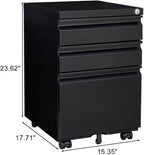 Lispin 3-Drawer Mobile Filing Cabinet with Lock, Office Storage Filing Cabinet of Legal/Letter Size, to be Installation Required (Black + Metal)