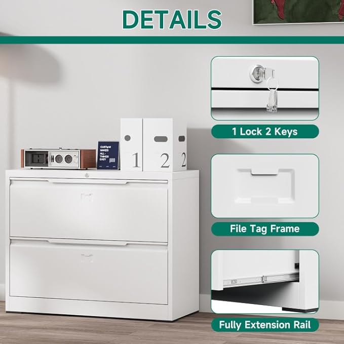 2 Drawer File Cabinet with Lock,Lateral File Cabinet,35.4" W Metal File Cabinets for Home Office,Hanging Files Letter/Legal/F4/A4 Size (White - Assembly Required)
