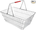Chrome Shopping Basket with Red Handles, Metal Construction, 17.75 x 12.75 x 7.5 Inches, 40 lb Capacity, Nesting Design for Retail