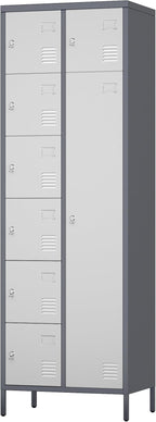 Aobabo 72" H Metal Lockable Storage Locker 7 Small Doors and 1 Big Door, Metal Lockers for empolyees with Hooks, for School Home Office Assembly Required, 8 Doors, Grey White