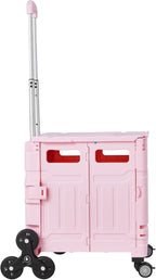 VEVOR Foldable Utility Cart, 65L Collapsible Portable Crate Rolling Cart with Stair Climbing Wheels & 360° Swivel Wheels, Hand Cart with Telescoping Handle for Shopping Office Moving Teacher, Pink