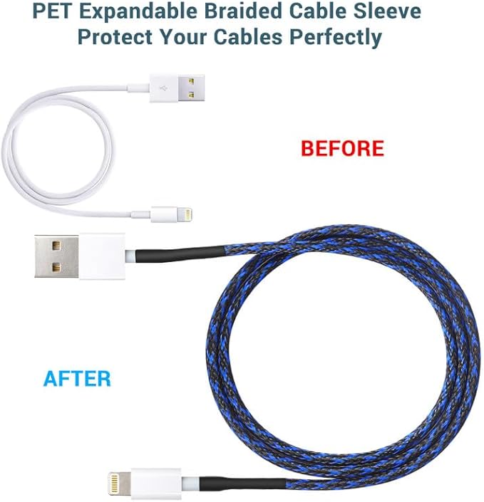 25Ft-1/8inch PET Expandable Braided Wire Sleeving,Wire Loom Cable Sleeve for TV,Computer,Home Theater,Automotive,Home Industrial,Electrical Wires,Chemical,Protect Cat from Chewing Cords,BlackBlue