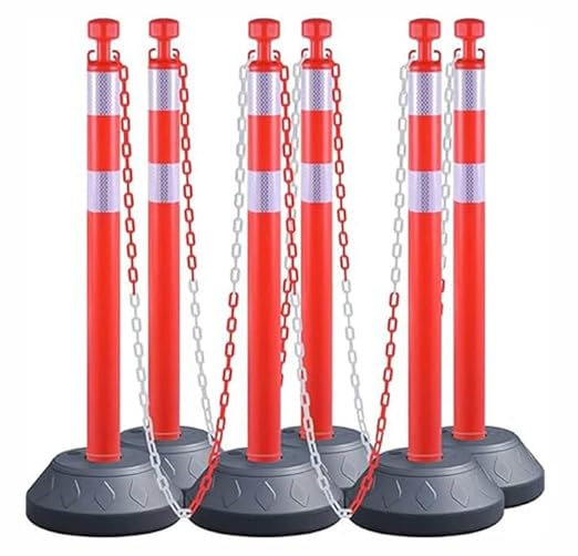 6 Pack 40 Inch Traffic Delineator Posts with Fillable Base and 6.6FT Plastic Chain, Safety Delineator Post Cones with 2 White Reflective Stripes for Construction Work (Red)