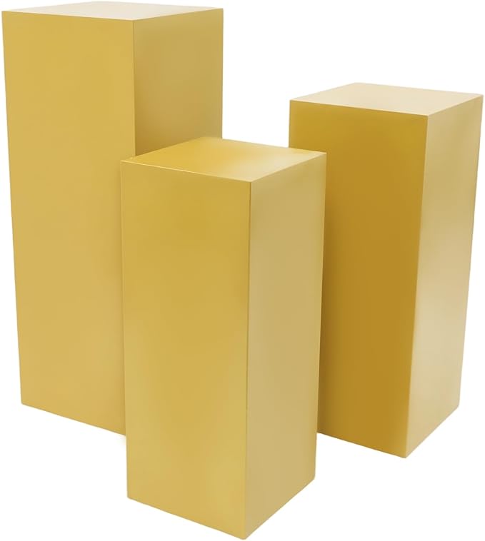 OUKANING 3 PCS Metal Display Pedestal Stands, Square Gold Display Stands Pillars, Decoration Cube Sculpture Display Column for Wedding Party Baby Shower Birthday, H31.49'', 25.59'', 23.62''