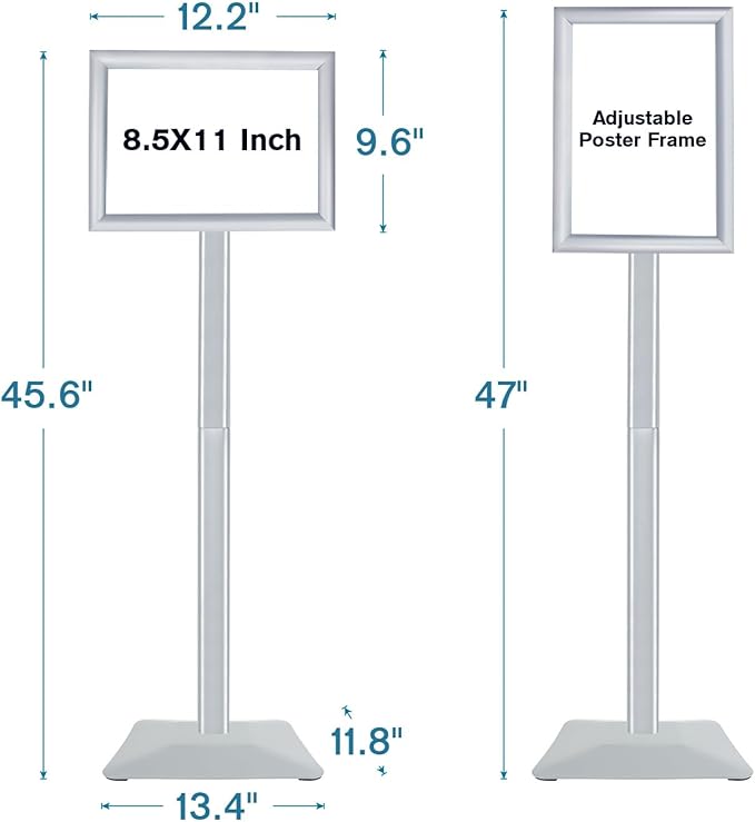 Sign Stand for Display, 11lbs Integrated Rod Heavy Duty Pedestal Floor Signage Stand Holder, for Outdoor or Indoor Advertising (8.5 x 11, Silver)