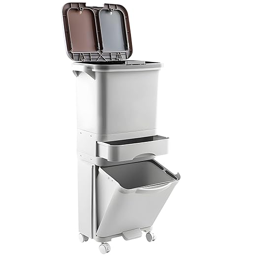 42L Kitchen Trash Can with Lid, Three-Layer Dual Trash and Recycling Bins with Wheels, Vertical Dry and Wet Separation Waste Sorting Bins with 3 Removable Inner Buckets