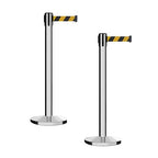 Montour Line MI650 Set of 2 Retractable Belt Barrier Stanchion, Cast Iron Base, Polished Stainless Steel Post (16 ft Black and Yellow Diagonal Belt)