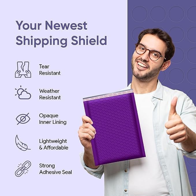 Purple Bubble Mailers #7 Extra Large Poly Mailers 14.5x19 Inch. Bubble Lined Cushioned Poly Mailer. Usable Size 14.25x19 Tear/Water/proof, Lightweight Padded Envelopes/Bags. Bulk 50 pack