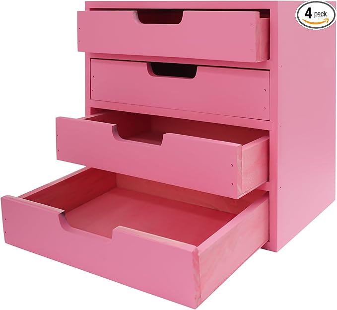 4-piece Drawer Cabinet, Organizer Sorter Container Keeper Unit Storage Box Stackable Chest Divider Shelf System with 10 Drawers & 4 Stackable Units for Home Office Study Room Dorm Bedroom(Pink)