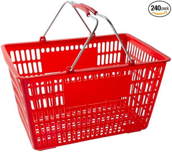Red Plastic Shopping Basket with Steel Handles, 18 11/16 x 12 3/8 x 10 7/16 Inches, 55 lb Capacity, Stackable Design for Grocery Market Store