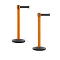 Montour Line MI650 Set of 2 Retractable Belt Barrier Stanchion, Cast Iron Base, Orange Post (16 ft Black Belt)