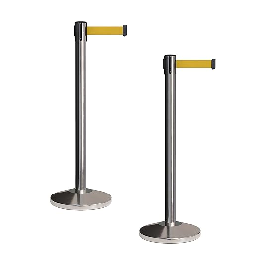 Crowd Control Warehouse CCW Set of 2 Retractable Belt Barriers Stanchion, Polished Stainless Steel Post, RBB-100 (11 Foot Belt, Yellow Belt)
