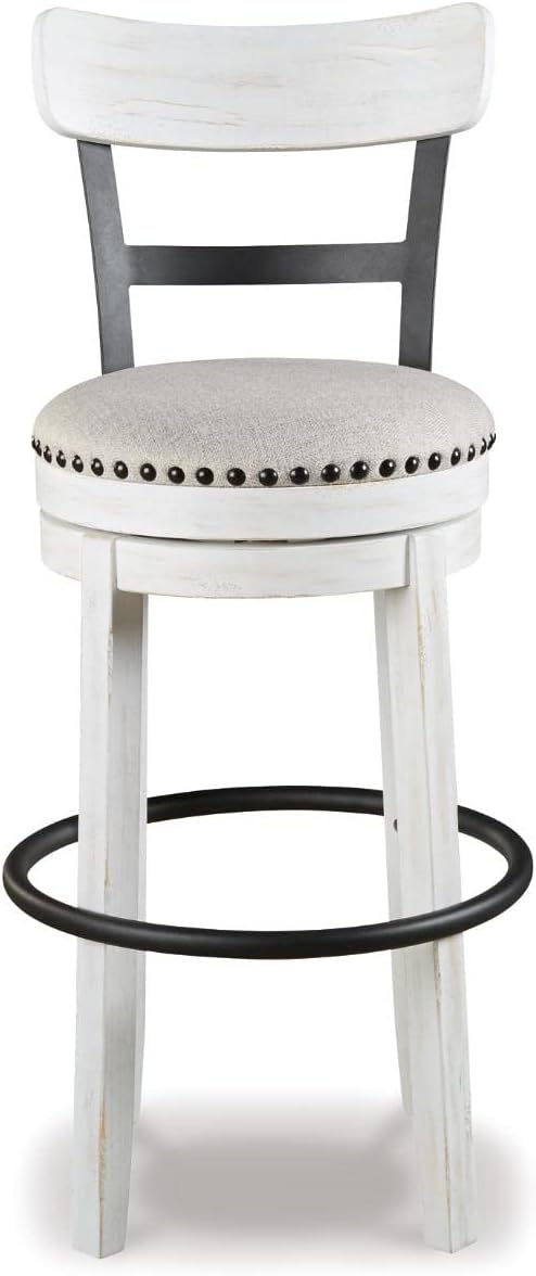 Signature Design by Ashley Valebeck Tall Upholstered Swivel Barstool, Cushioned Seat, Nailhead Trim, Wood and Metal, 30" H, Whitewash