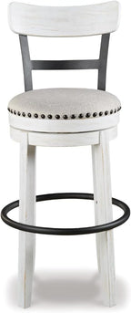 Signature Design by Ashley Valebeck Tall Upholstered Swivel Barstool, Cushioned Seat, Nailhead Trim, Wood and Metal, 30" H, Whitewash
