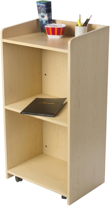 Displays2go Hostess Station, Hidden Wheels, Adjustable Shelf, Maple (LCKDPHSMP)