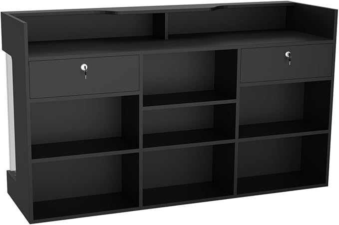 72" W x 22" D x 42" H - Tempered Glass Retail Display Case, Black Reception Desk, Retail Checkout Counter with Lockable Drawers, Suitable for Offices, Retail Stores and Boutiques