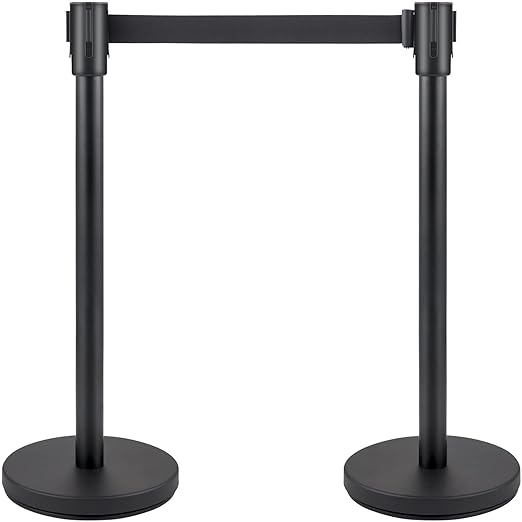 VEVOR Crowd Control Stanchion, Set of 4 Pieces Stanchion Set, Stanchion Set with 6.6 ft/2 m Black Retractable Belt, Black Crowd Control Barrier w/Concrete and Metal Base - Easy Connect Assembly