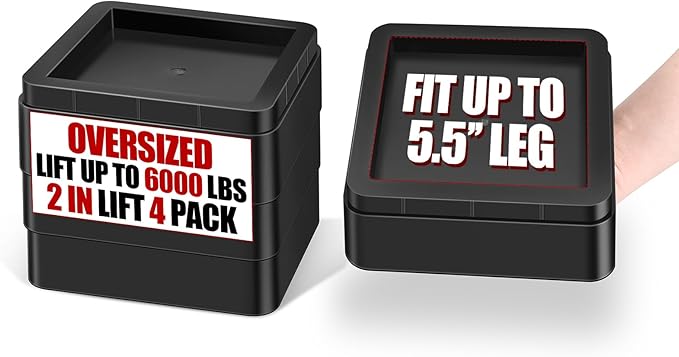 Oversized Heavy Duty Bed Risers & Furniture Risers - Stackable Supports 12000 Lbs,Furniture Lifter/Square Bed Raising Blocks for Sofas, Couches, Desks (Black 4 Pack, Fits Huge 5.5 × 2 inch)