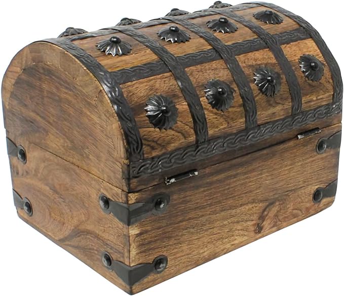 Nautical Cove Treasure Chest Keepsake and Decorative Wood Box (Large 8x6x6) - Storage Box, Wooden Box with Hinged Lid, Rustic Storage, Pirate Storage Box, Vintage Wooden Chest