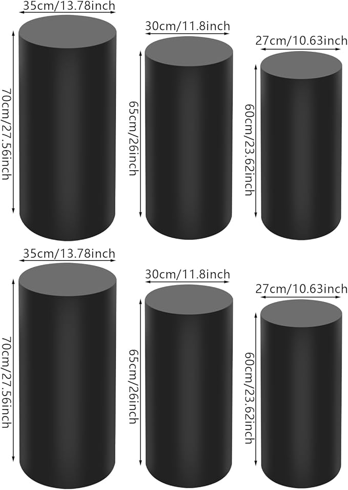 OUKANING 6 PCS Metal Display Pedestal Stands, Black Cylinder Display Stands Pillars, Decoration Cube Sculpture Display Column for Wedding Party Baby Shower Birthday, H27.56'', 26'', 23.62''