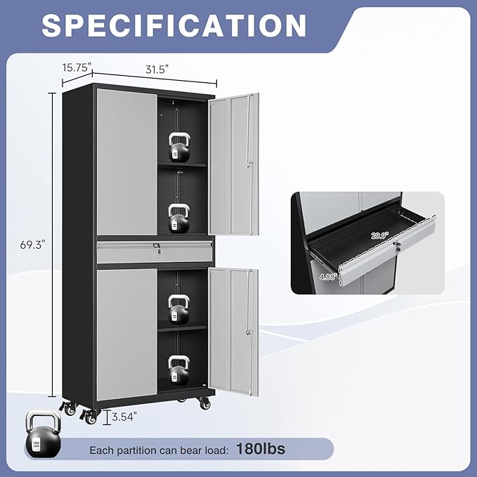73" Metal Garage Storage Cabinet with Wheels， Rolling Tool Storage with Locking Doors， Adjustable Shelves and Drawer, Heavy Duty Steel Tool Cabinet for Garage, Warehouse, School(Black Grey)