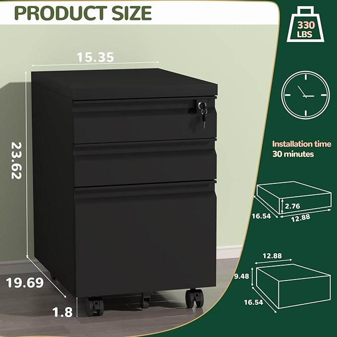 3 Drawer File Cabinet with Lock, Mobile Metal Filing Cabinet on Wheels, Under Desk Small Filing Cabinet for Home Office Storage, Letter/Legal/A4 Drawer Organizer with Anti-Tip Wheels (Black)