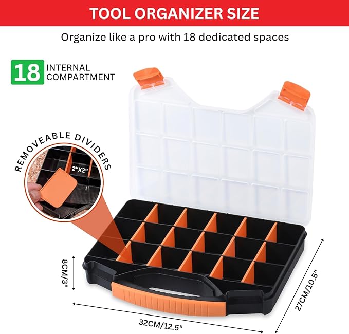 Andalus Tools Organizer Box, Small Parts Storage 18-Compartment Portable Hardware Organizer Removable Plastic Dividers for Screws, Nuts, Bolts, Nails – Orange (2 Pack, 12.75" x 10" x 1.75")