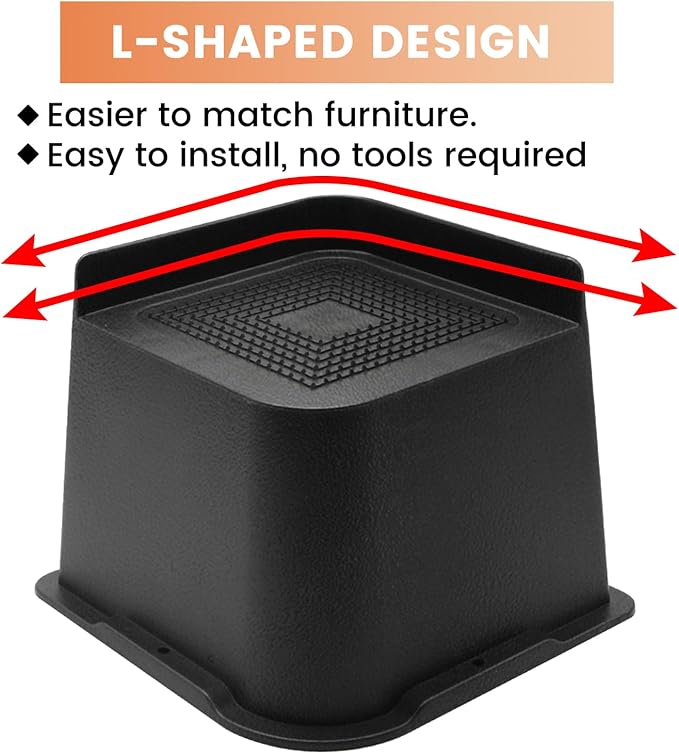 Bed Risers 2 inch, 3 inch, 4 inch, 6 inch or 8 inch Heavy Duty Furniture Risers, Up to 6000 Lbs L Shaped Design Bed Lifts Blocks for Couch Desk Sofa Table (Black, 4 Inch 4 Pack)