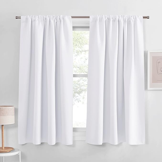 PONY DANCE 63 inch Length Curtains - Room Darkening Kitchen Solid Thermal Draperies Rod Pocket Short Panels Drapes for Bedroom Window Treatments, 42 W by 63 L, Pure White, Set of 2