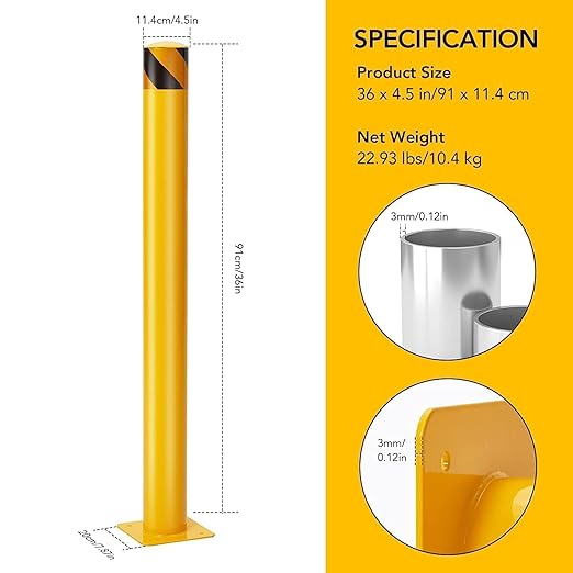 4-Pack 36 Inch Steel Safety Bollard Post, 4.5 Inch Diameter Metal Safety Bollard with 16 Anchor Bolts for Driveway Barrier, Parking Pole, Traffic Control