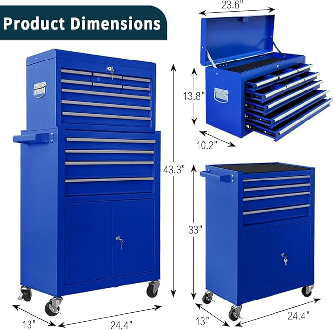 13-Drawer Rolling Tool Chest with Double Door, Extra Large Storage Cabinets with Tool Box, 2-in-1 Detachable Design, 600 lbs Capacity with Lockable Wheels for Garage, Mechanic & Home Use (Blue)