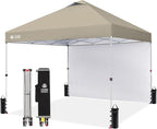 CROWN SHADES 12x12 Pop Up Canopy Tent Instant Commercial with 150D Silver Coated Fabric Including 1 Removable Sidewall, 4 Ropes, 8 Stakes, Weight Bags, STO 'N Go Bag, Beige