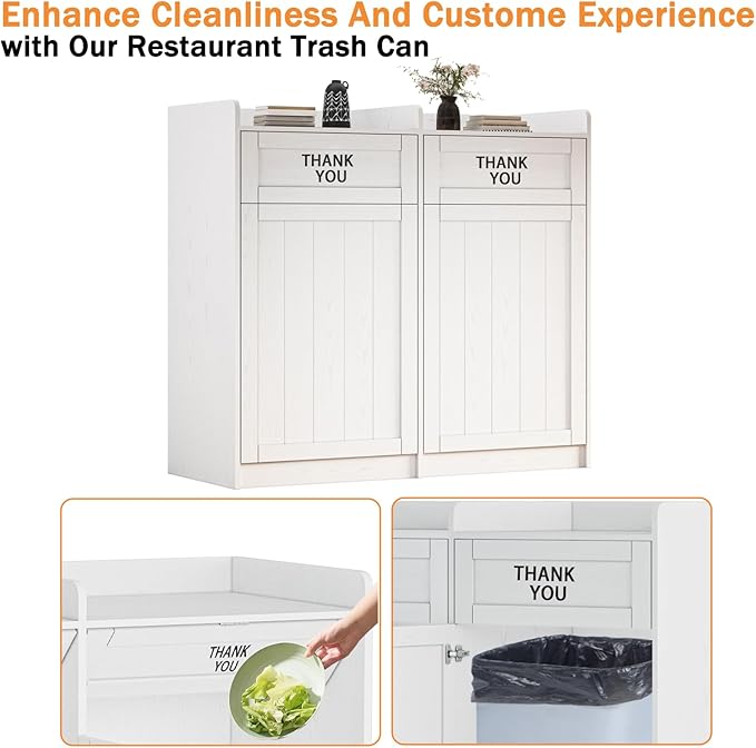 Restaurant Trash Can Cabinet Double 40 Gallon, Wooden Commercial Trash Can with Tray Holder, Large Garbage Cabinet for Restaurant Cafeteria Office, White