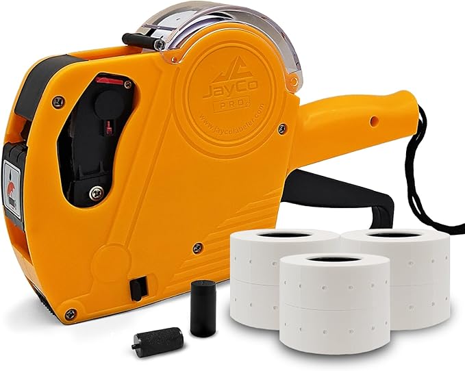 JayCo Pro 1 Line 8 Digits Price Tag Gun Kit - Includes 6,500 White Blank Labels and 1 Pre-Loaded Inker with 1 Ink Refill - for Grocery Store, Retail Shop, Garage Sale