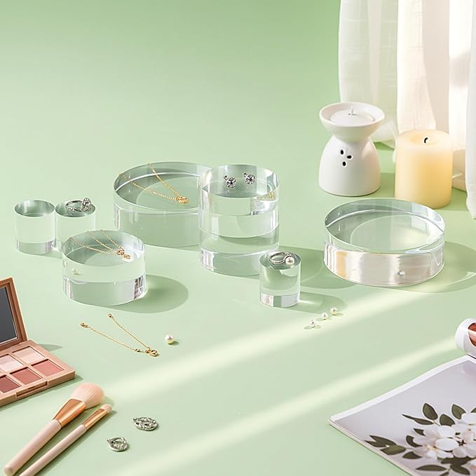 Remerry 8 Pcs Acrylic Round Blocks for Display Clear Polished Blocks for Display Clear Acrylic Edge Polished Base Exhibition Riser for Table Showing Cosmetics Collectibles Figures (Mixed Sizes)
