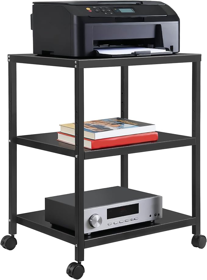 Under Desk Printer Stand with Wheels, 3-Tier Heavy Duty Rolling Cart with Adjustable Storage Shelf, Industrial Printer Table for Printer, Scanner, Home, Office, Black